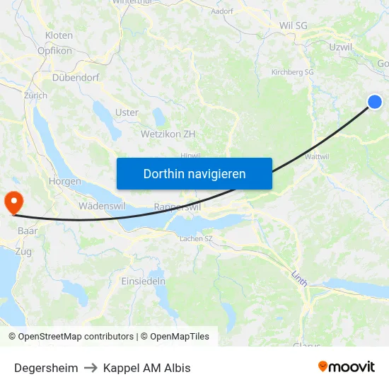 Degersheim to Kappel AM Albis map