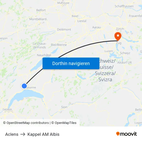 Aclens to Kappel AM Albis map