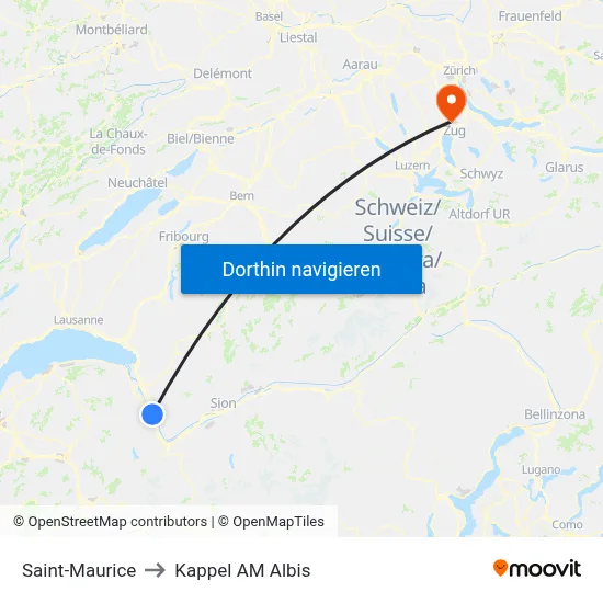 Saint-Maurice to Kappel AM Albis map