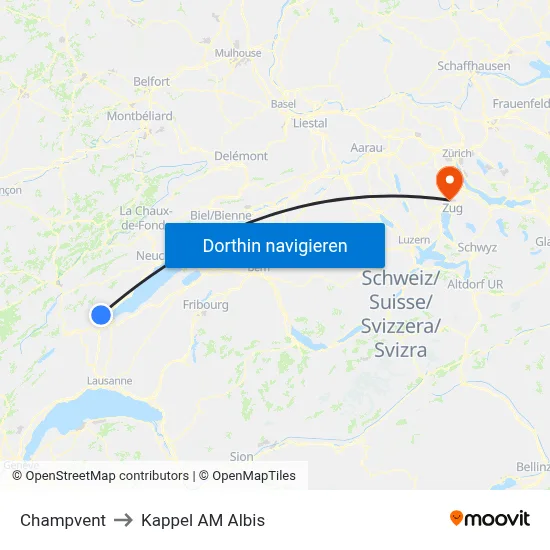 Champvent to Kappel AM Albis map