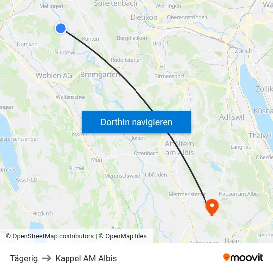 Tägerig to Kappel AM Albis map
