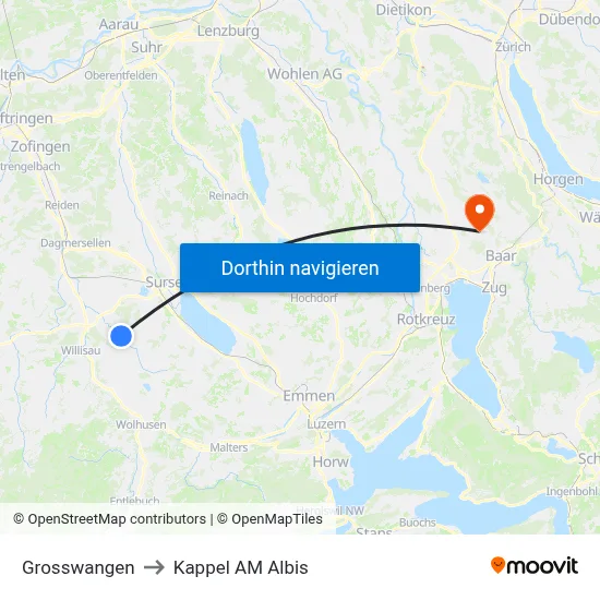 Grosswangen to Kappel AM Albis map