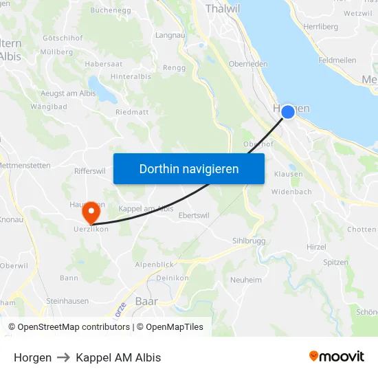 Horgen to Kappel AM Albis map