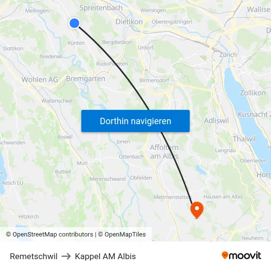 Remetschwil to Kappel AM Albis map