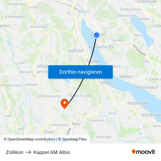 Zollikon to Kappel AM Albis map
