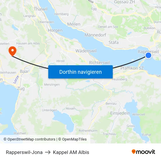 Rapperswil-Jona to Kappel AM Albis map