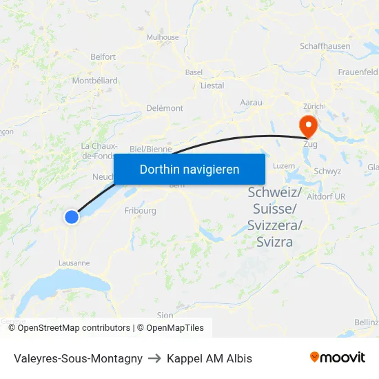 Valeyres-Sous-Montagny to Kappel AM Albis map