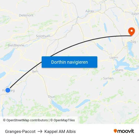 Granges-Paccot to Kappel AM Albis map