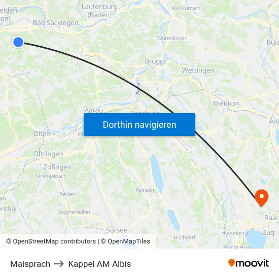 Maisprach to Kappel AM Albis map