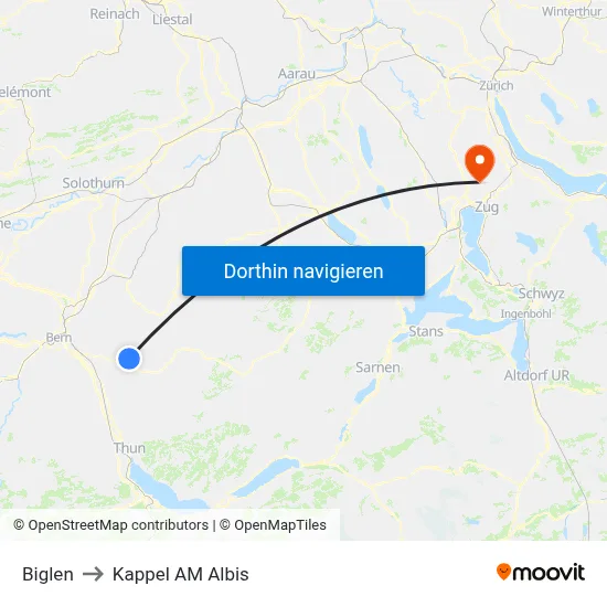 Biglen to Kappel AM Albis map