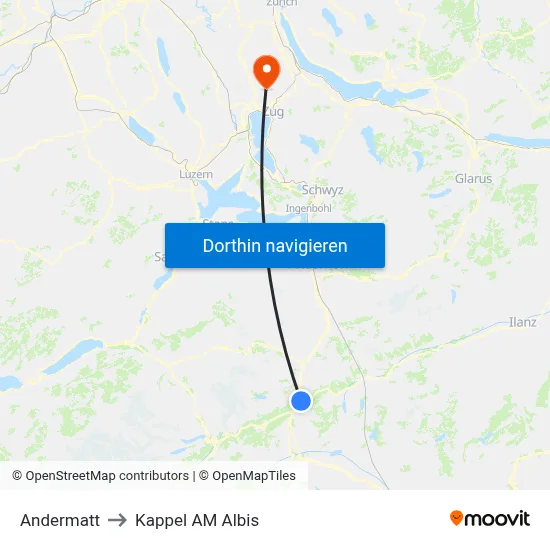 Andermatt to Kappel AM Albis map