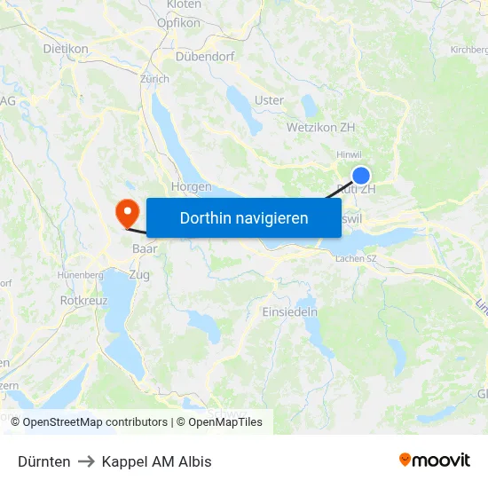 Dürnten to Kappel AM Albis map