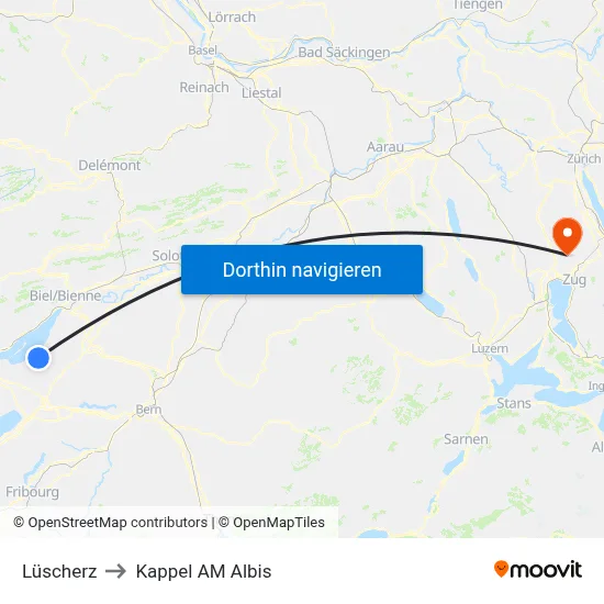 Lüscherz to Kappel AM Albis map