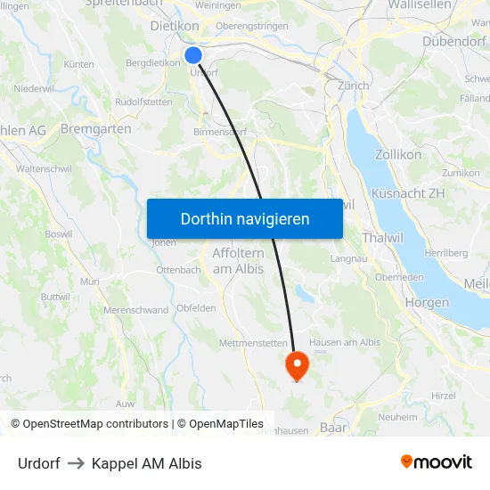 Urdorf to Kappel AM Albis map