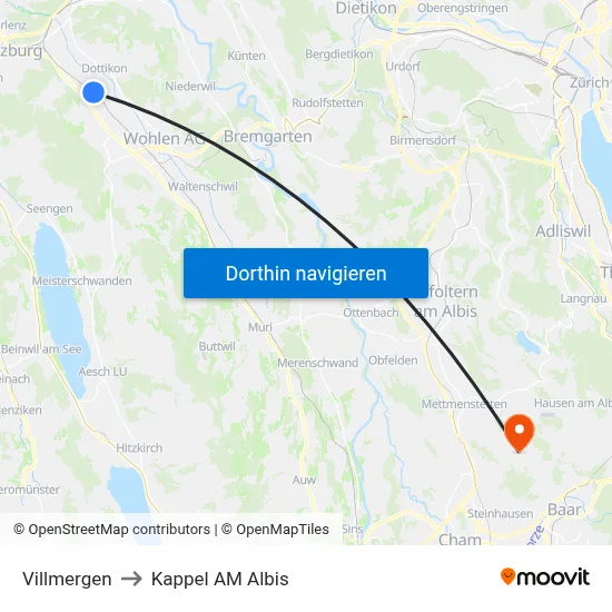 Villmergen to Kappel AM Albis map