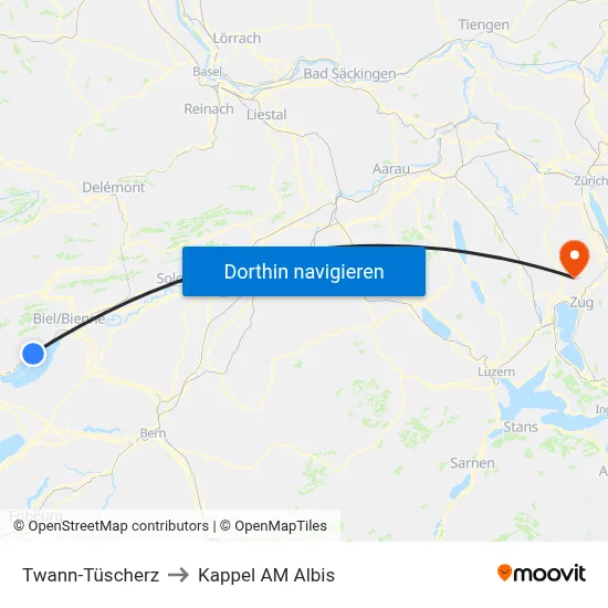 Twann-Tüscherz to Kappel AM Albis map