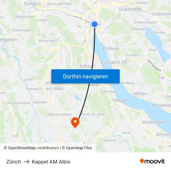 Zürich to Kappel AM Albis map