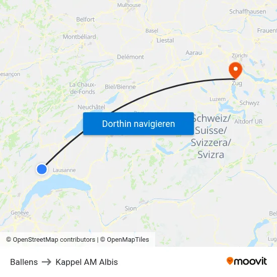 Ballens to Kappel AM Albis map