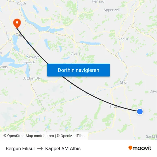 Bergün Filisur to Kappel AM Albis map