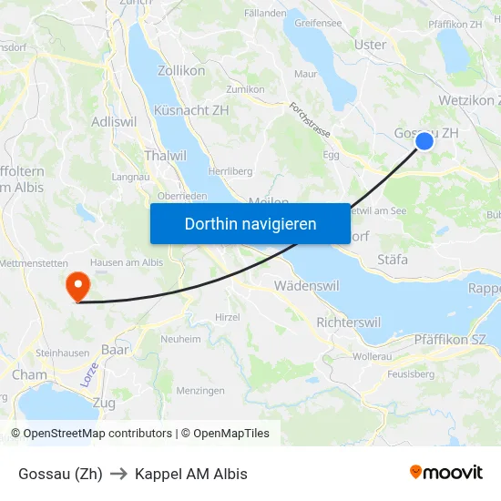 Gossau (Zh) to Kappel AM Albis map