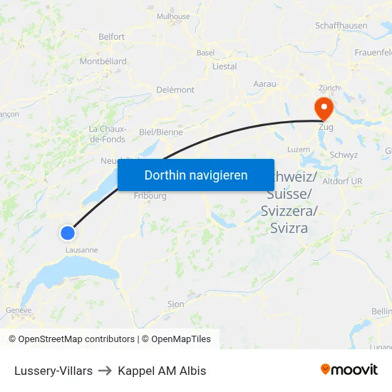Lussery-Villars to Kappel AM Albis map