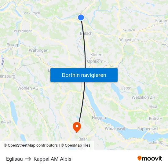 Eglisau to Kappel AM Albis map