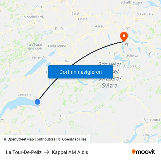 La Tour-De-Peilz to Kappel AM Albis map