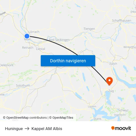 Huningue to Kappel AM Albis map