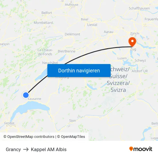 Grancy to Kappel AM Albis map