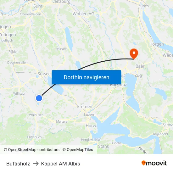 Buttisholz to Kappel AM Albis map