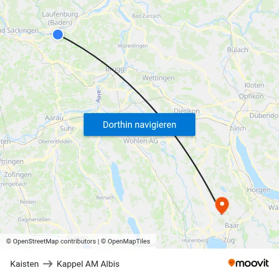 Kaisten to Kappel AM Albis map