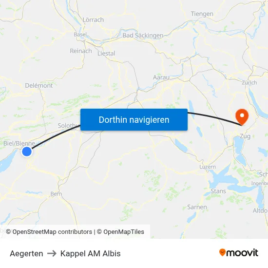Aegerten to Kappel AM Albis map