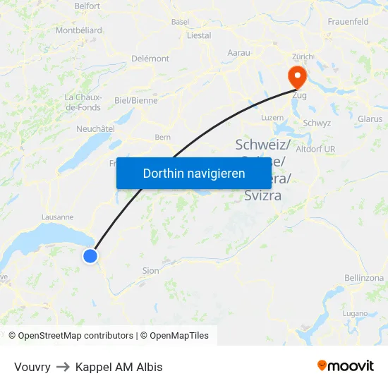 Vouvry to Kappel AM Albis map