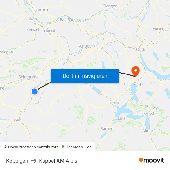 Koppigen to Kappel AM Albis map