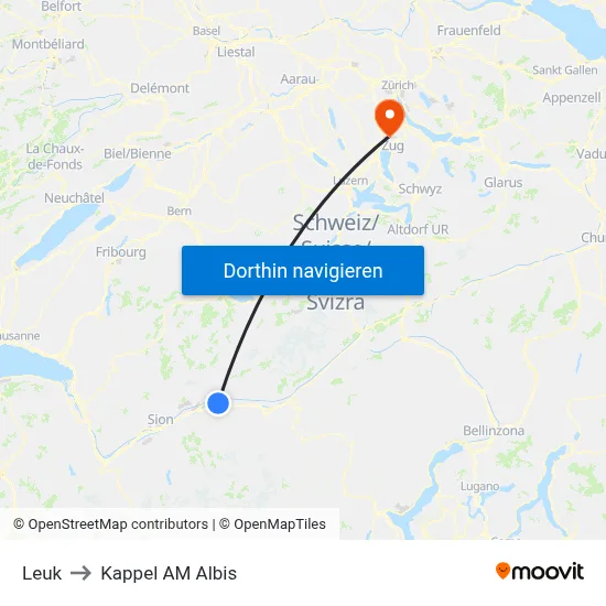 Leuk to Kappel AM Albis map