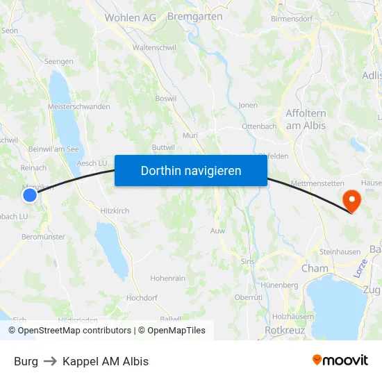 Burg to Kappel AM Albis map