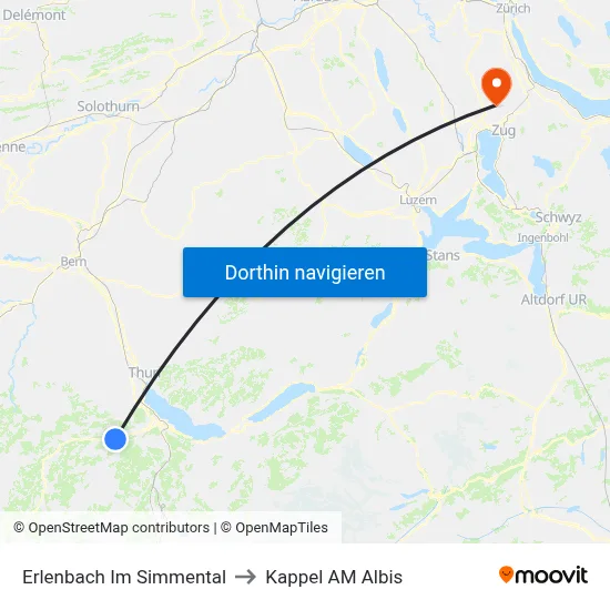 Erlenbach Im Simmental to Kappel AM Albis map