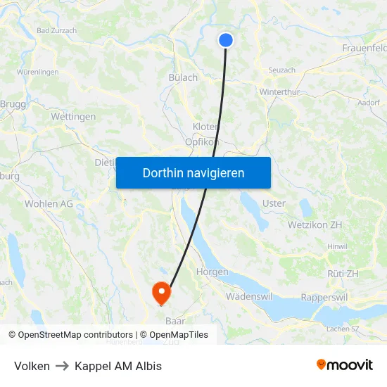 Volken to Kappel AM Albis map