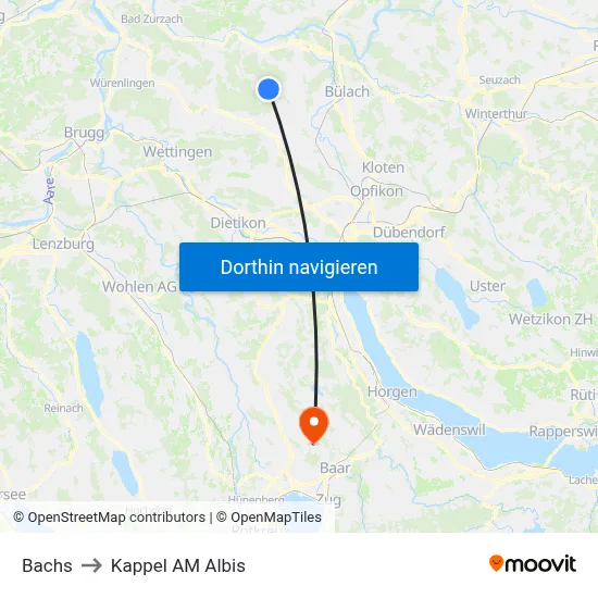 Bachs to Kappel AM Albis map