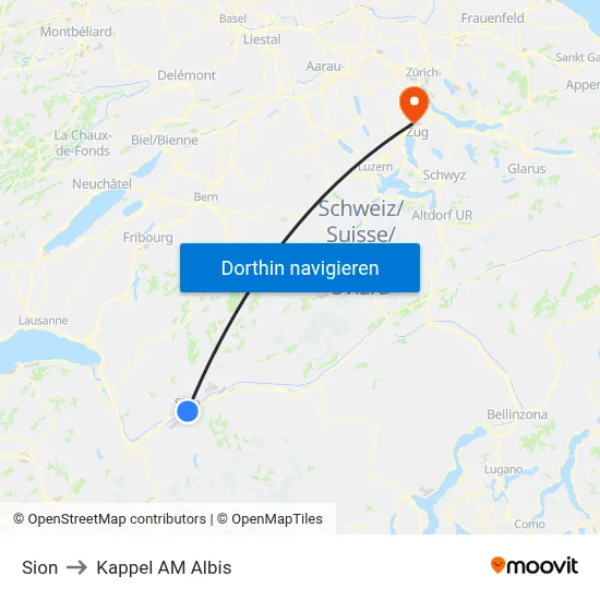Sion to Kappel AM Albis map