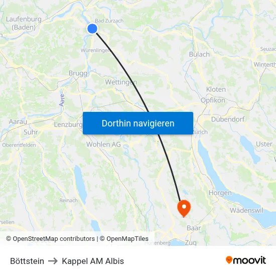 Böttstein to Kappel AM Albis map