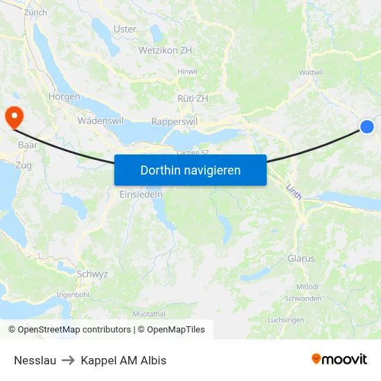 Nesslau to Kappel AM Albis map