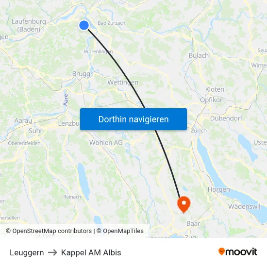 Leuggern to Kappel AM Albis map