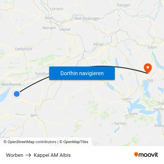 Worben to Kappel AM Albis map