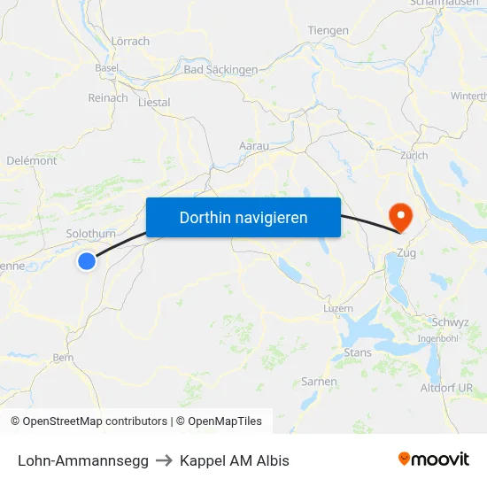 Lohn-Ammannsegg to Kappel AM Albis map