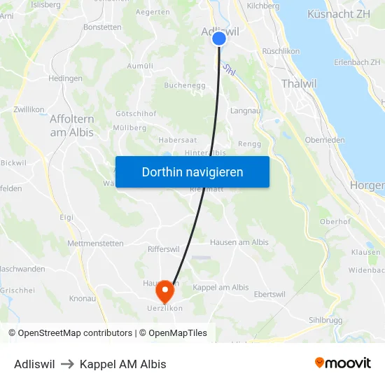 Adliswil to Kappel AM Albis map