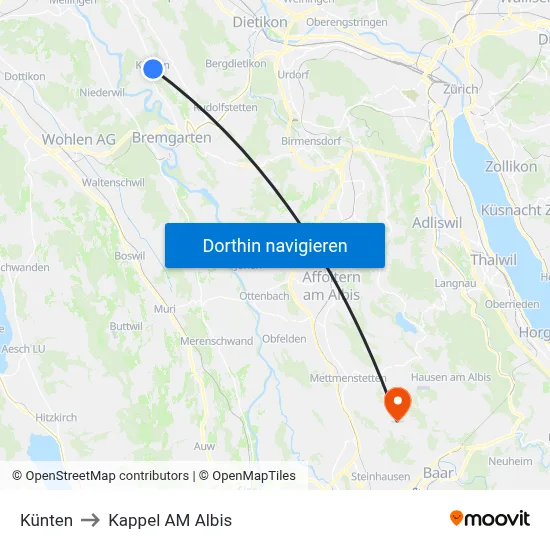 Künten to Kappel AM Albis map