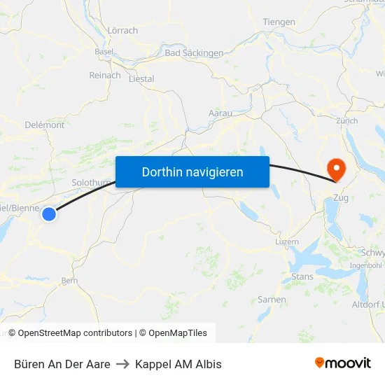 Büren An Der Aare to Kappel AM Albis map