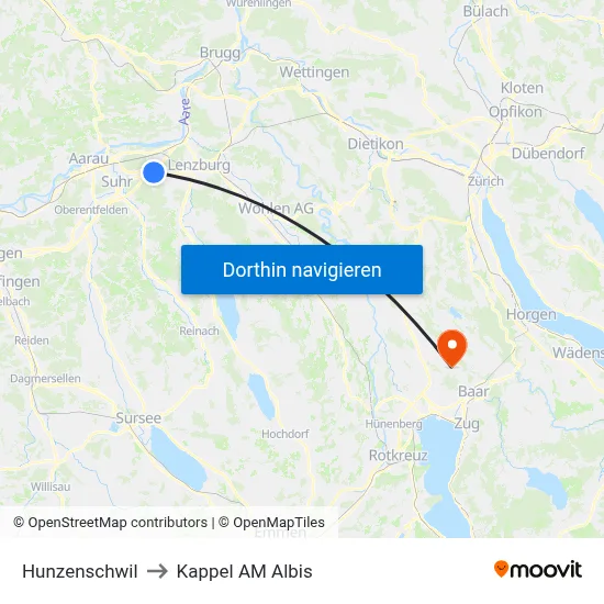 Hunzenschwil to Kappel AM Albis map