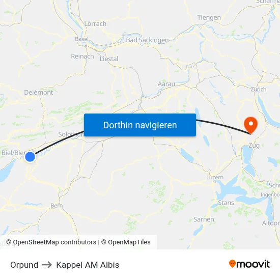 Orpund to Kappel AM Albis map